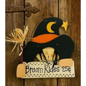 Wooden Halloween Witch Sign Broom Stick Broom Rides 25 Cents Whimsical Decor